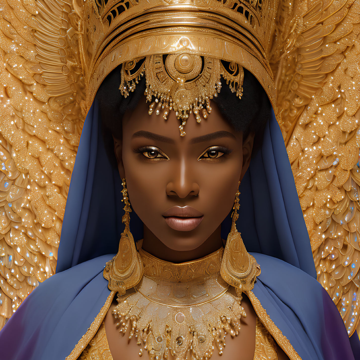 Regal woman in golden headdress and royal blue cape