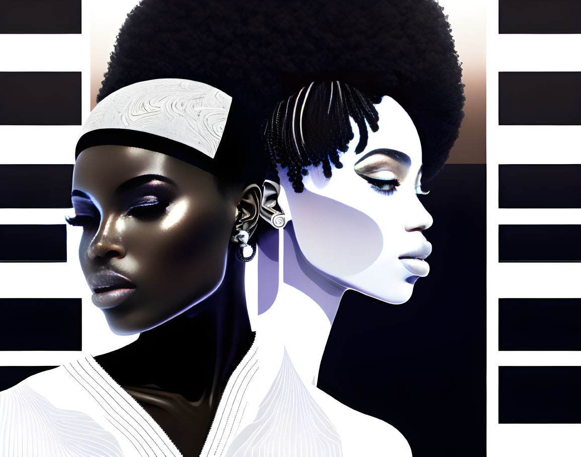 Stylized digital artwork of two women with dark complexions in contrasting lighting.