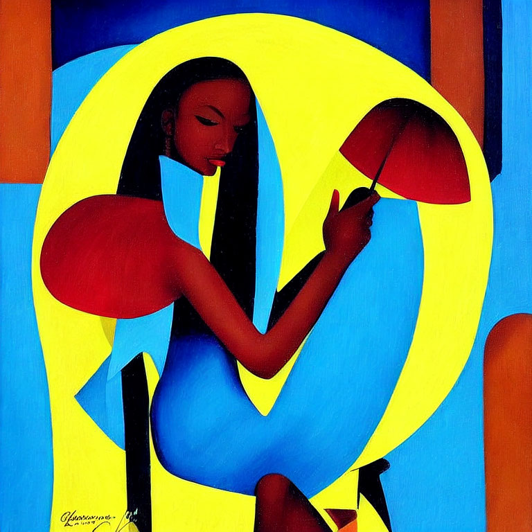 Abstract modern art: Woman with umbrella in bold colors & geometric shapes