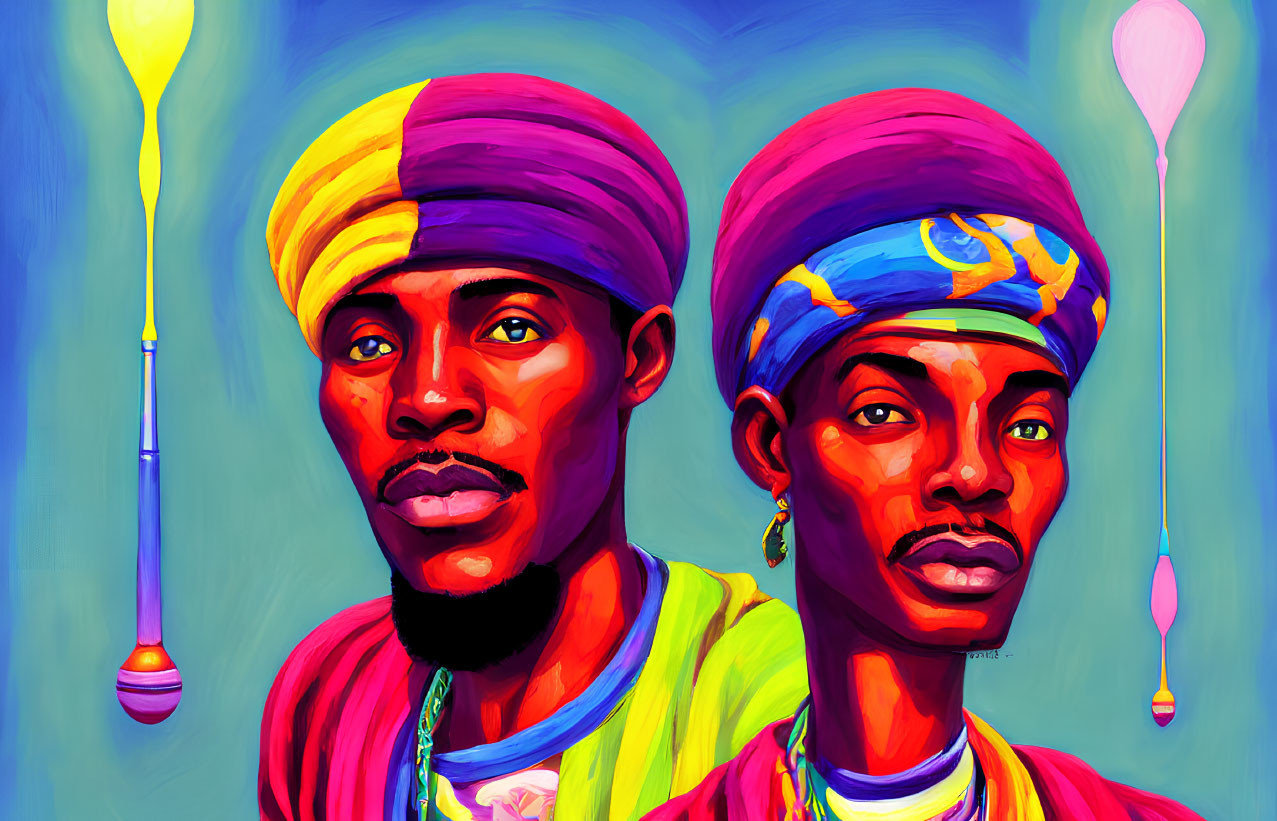 Vibrant digital painting: two figures in head wraps with jewel-toned bulbs.