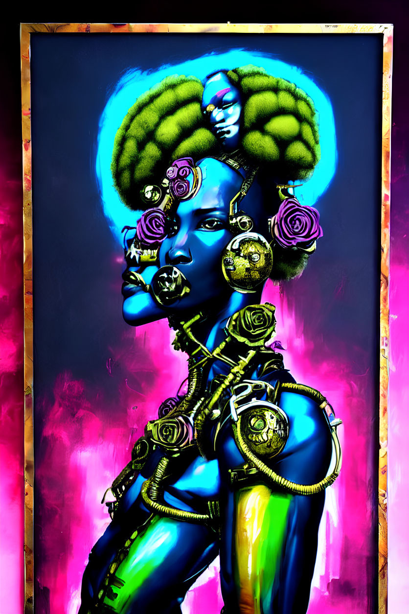 Afrofuturistic female figure with blue skin and gold jewelry on pink and gold background