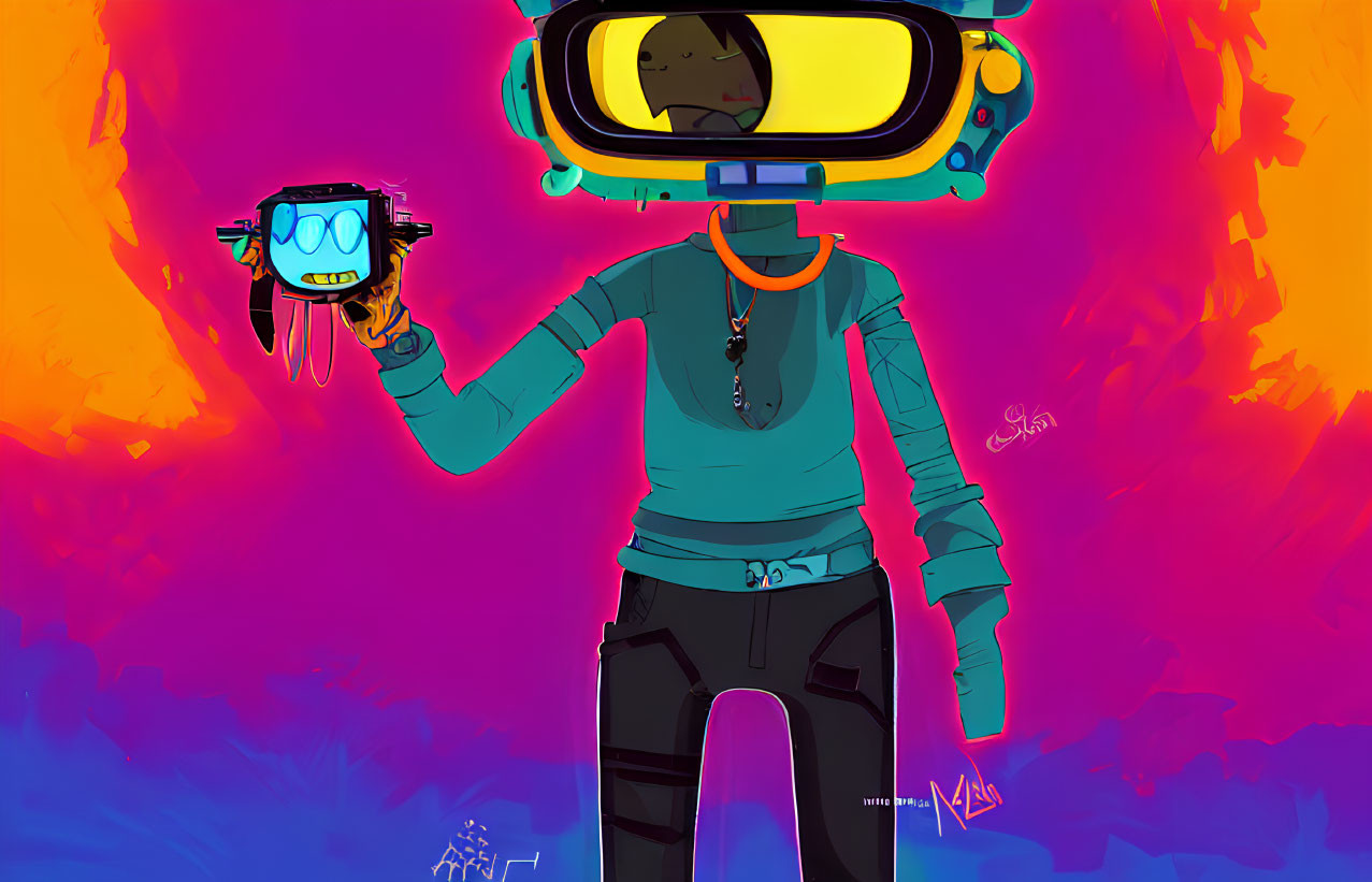 Stylized character in diving helmet and goggles against vibrant backdrop