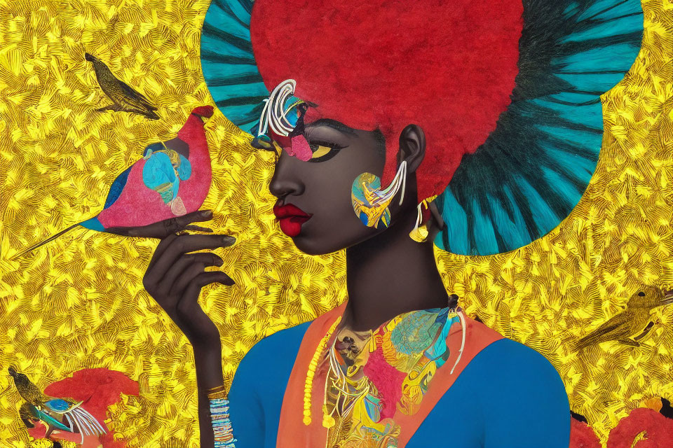 Colorful woman with red afro holding stylized bird in vibrant setting