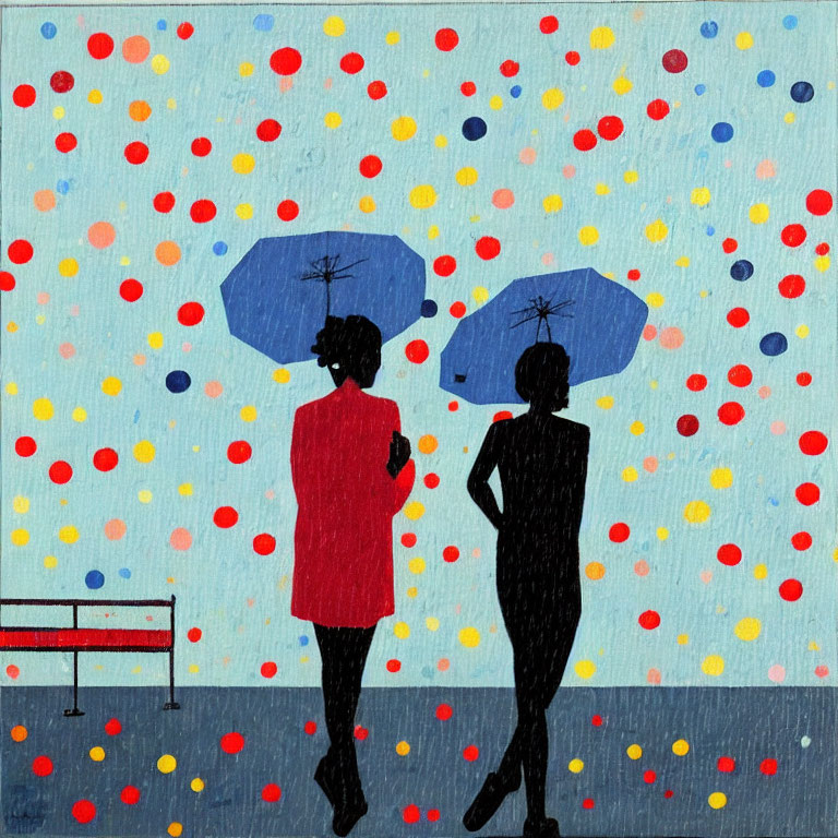 Silhouetted figures with umbrellas under colorful rain and bench.