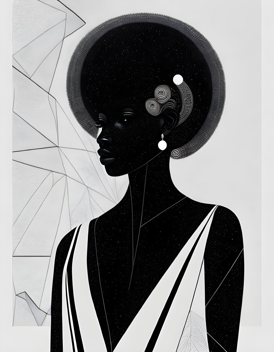 Monochromatic illustration of woman with cosmic headdress and geometric background