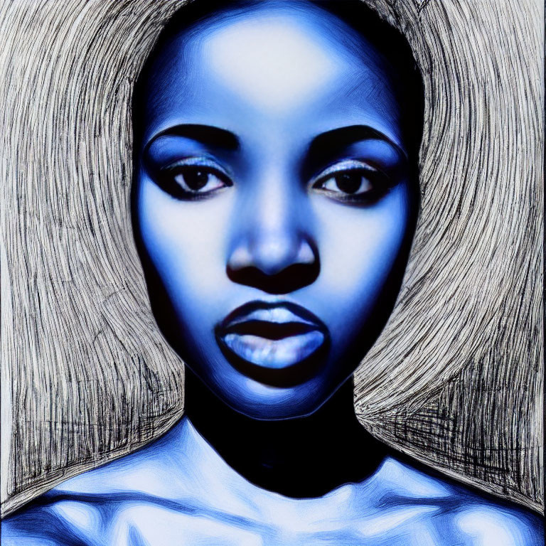 Stylized portrait of woman with blue hues, striking eyes, and wood grain background