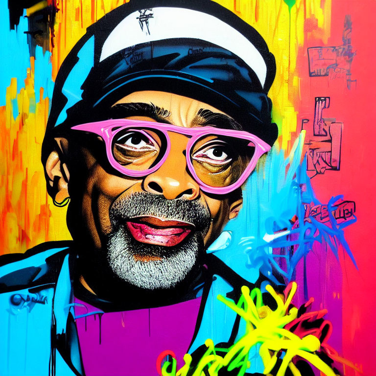 Vibrant portrait of a man with cap and pink glasses on graffiti background