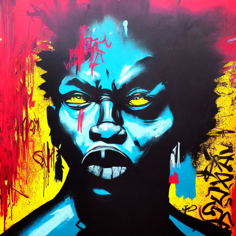 Colorful street art portrait with blue skin and yellow eyes on vibrant background