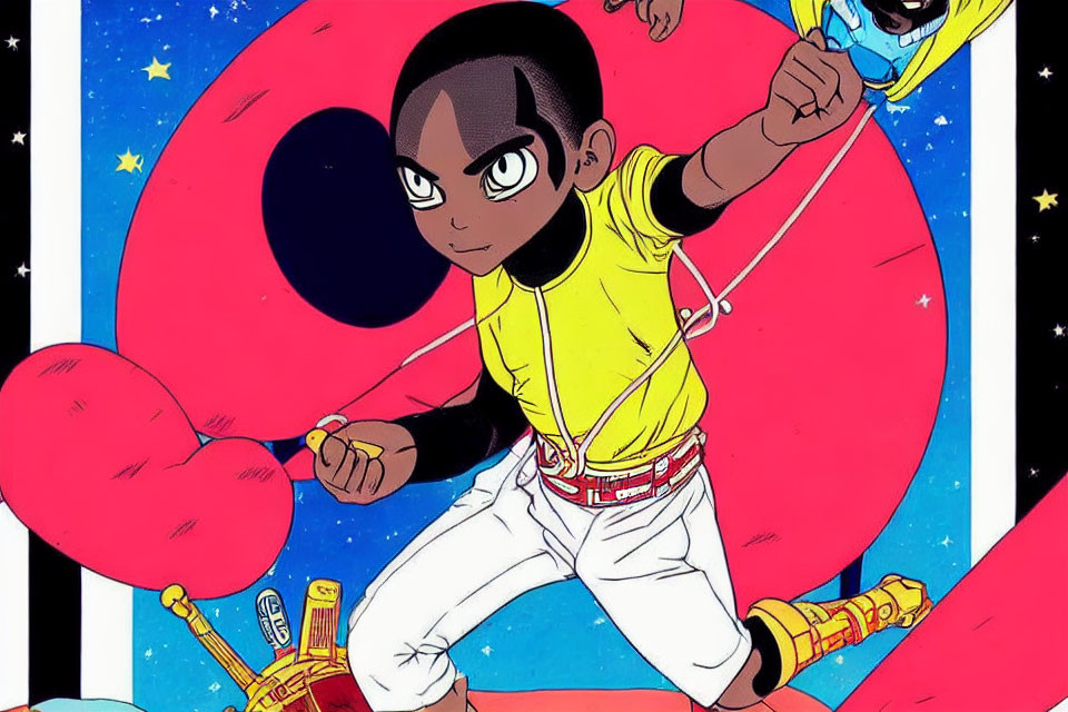 Illustration of determined boy in yellow jacket and red pants floating in space