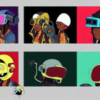 Six stylized character illustrations with VR headsets against colorful backgrounds