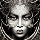 Monochrome artwork of woman's face with metallic adornments in hair.