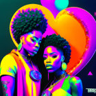 Colorful illustration: Two women with afro hairstyles in neon-lit scene