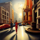 Stylized painting of two women in urban setting