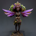 Fantasy female faerie figurine with purple wings and green headdress on dark background