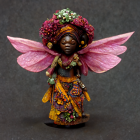 Fantasy fairy figurine with floral hat and dress on dark background