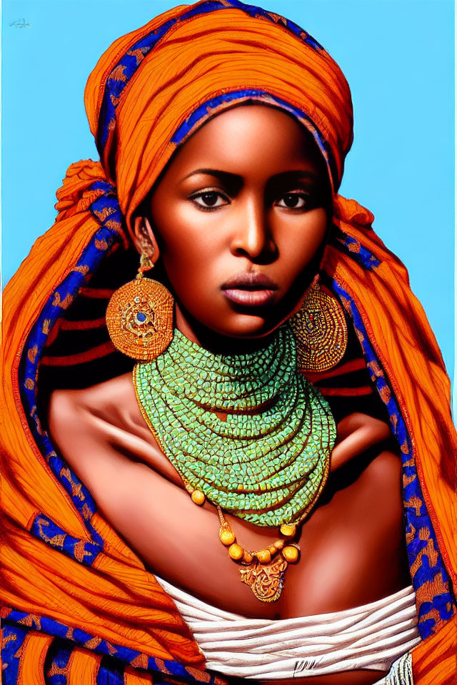 Striking woman in orange head wrap with bead necklaces against blue backdrop