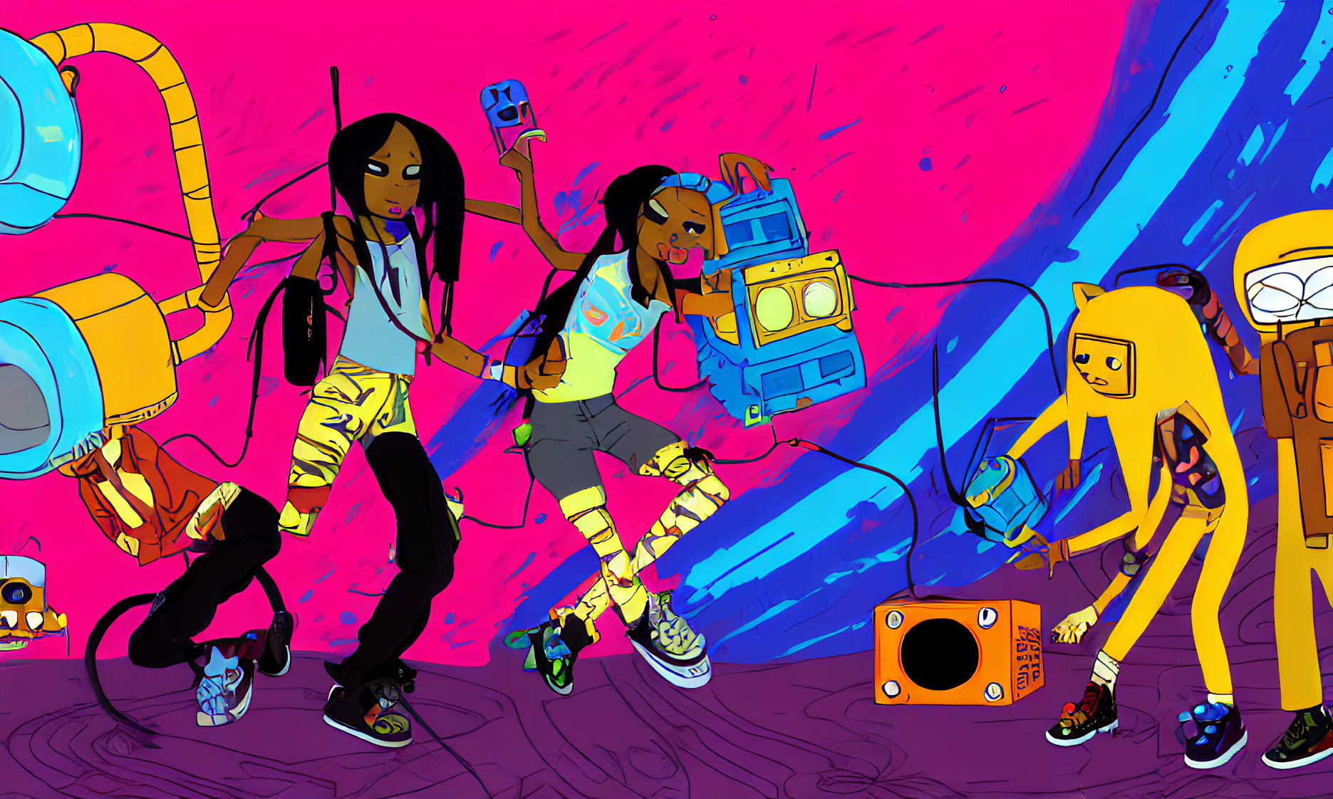 Vibrant dance battle illustration with diverse characters and graffiti backdrop