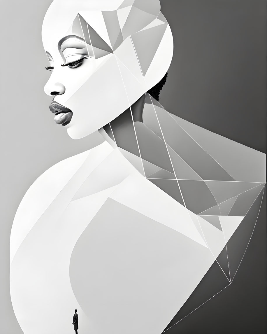 Monochromatic digital artwork of stylized woman with tiny human figure, showcasing colossal scale