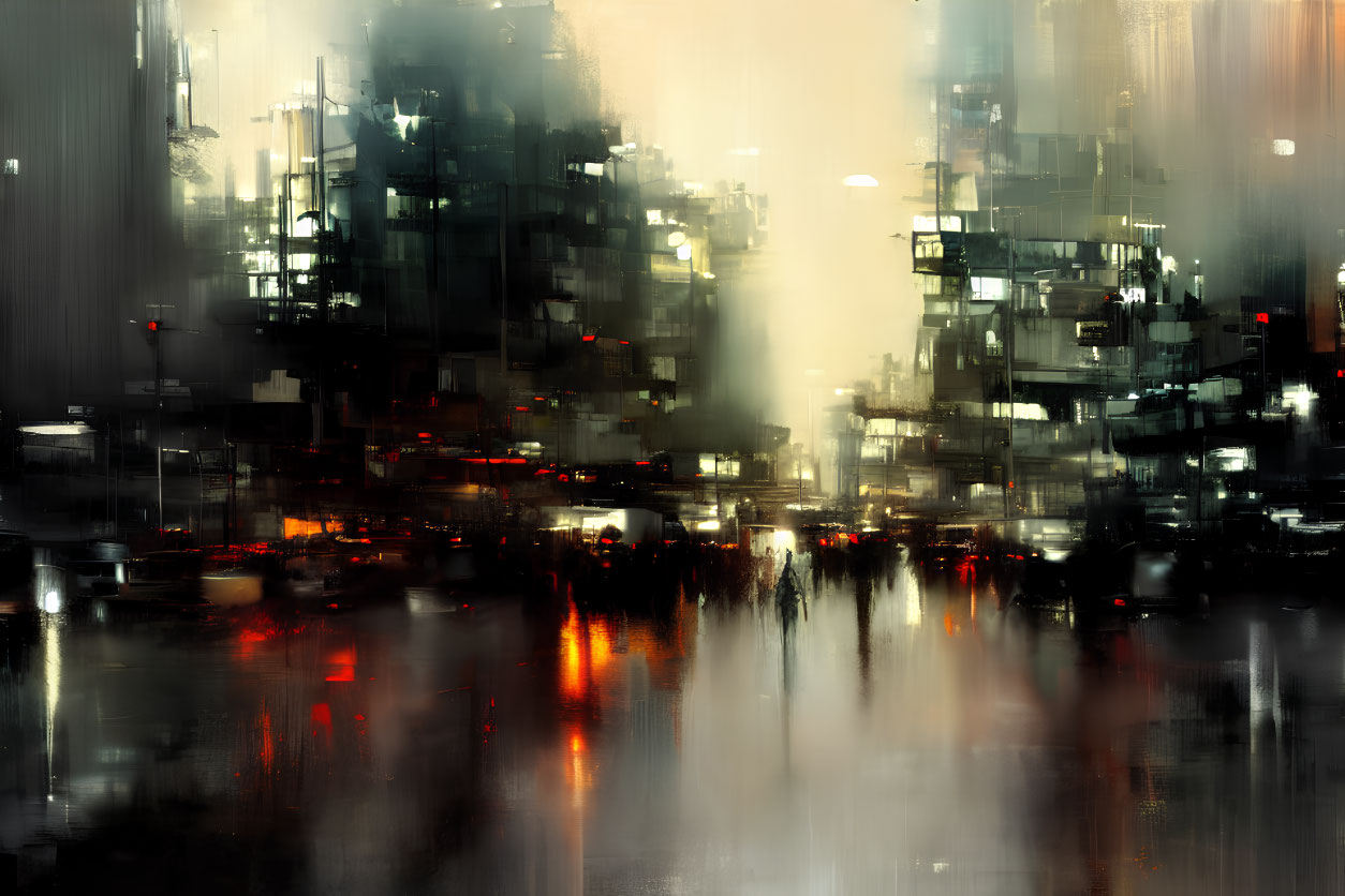 Blurred lights and towering structures in a futuristic cityscape