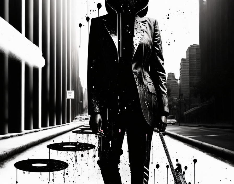 Monochromatic silhouette art with trench coat figure and musical notes