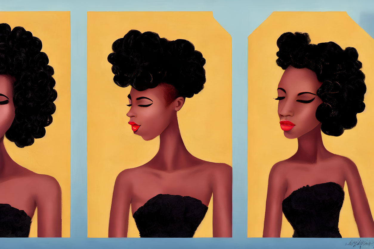 Stylized portraits of a woman with black hair and red lipstick on yellow background