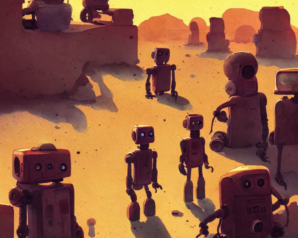 Whimsical robots in desert landscape with rock formations at golden hour