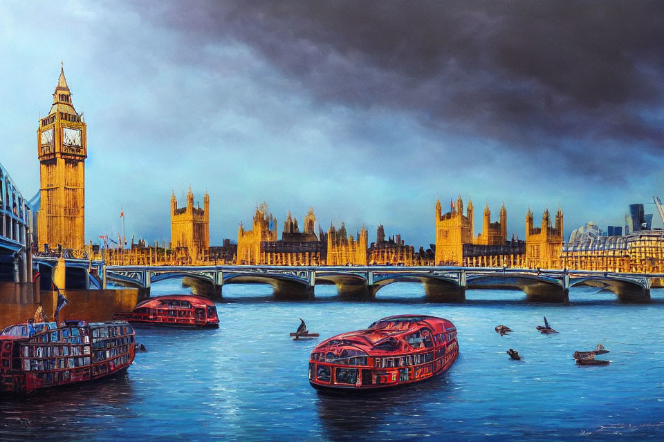 Iconic London Westminster Painting with Big Ben, Parliament, River Thames, Boats, Stormy Sky