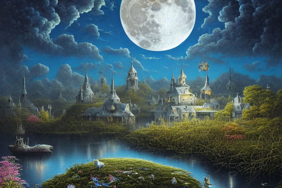 Fantastical night landscape with full moon, village, lake, greenery, and swan