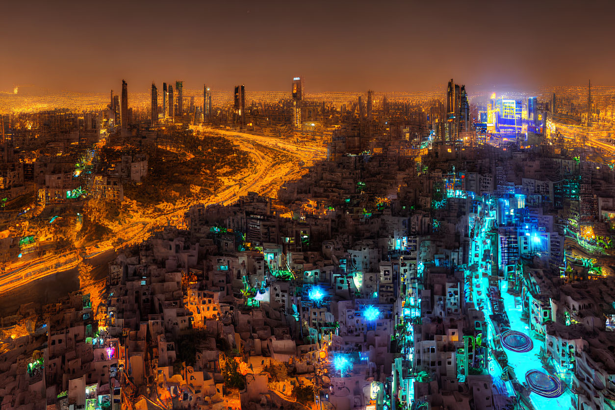 Urban skyline: traditional vs modern architecture at night