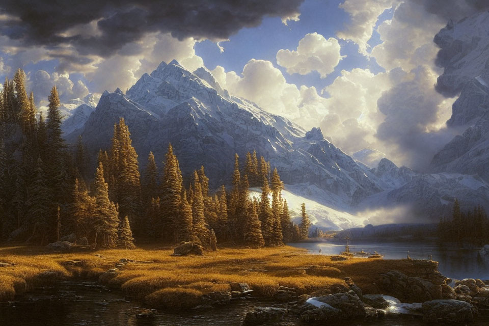 Sunlit Mountain Peaks with Pine Trees and Lake in Dramatic Sky