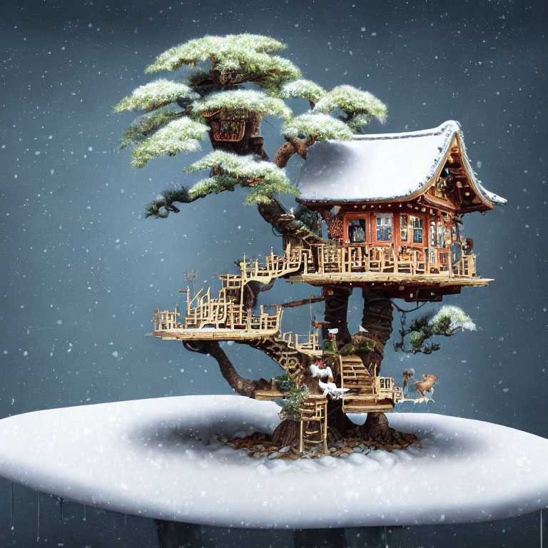 Miniature Snow-Covered Treehouse with Reindeer on Snowy Platform