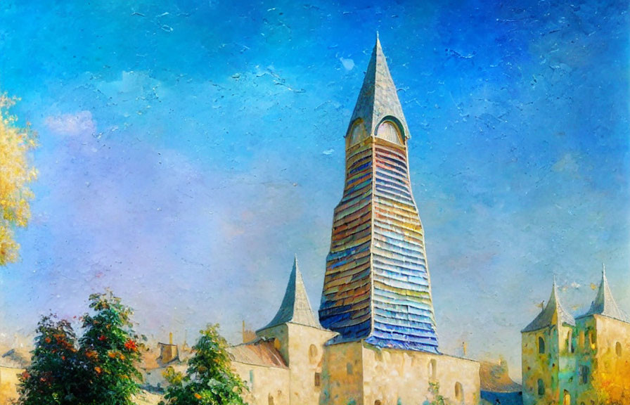 Multicolored Tower with Spire in Fairytale Setting against Blue Sky