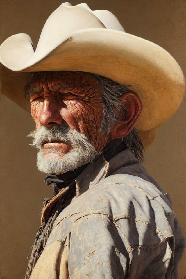 Elderly man with white beard in cowboy hat and dusty shirt gazes afar