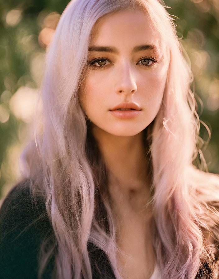 Young woman with long wavy blonde hair and brown eyes in portrait against sunlit foliage.