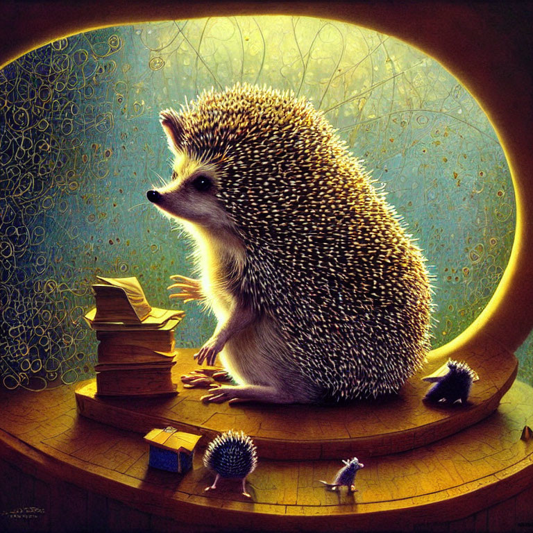 Oversized hedgehog with miniatures and books on wooden surface