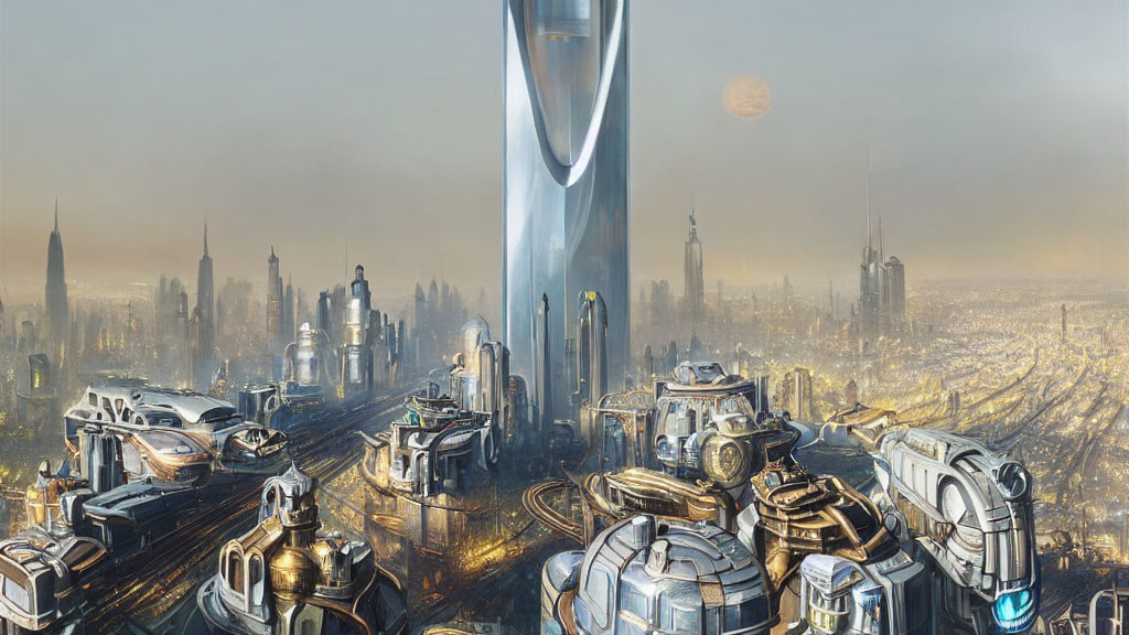 Futuristic cityscape with towering skyscrapers and advanced transit systems