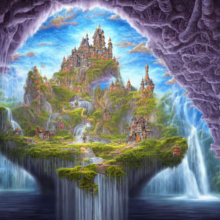 Fantastical landscape with grand castle, waterfalls, greenery, and serene lake
