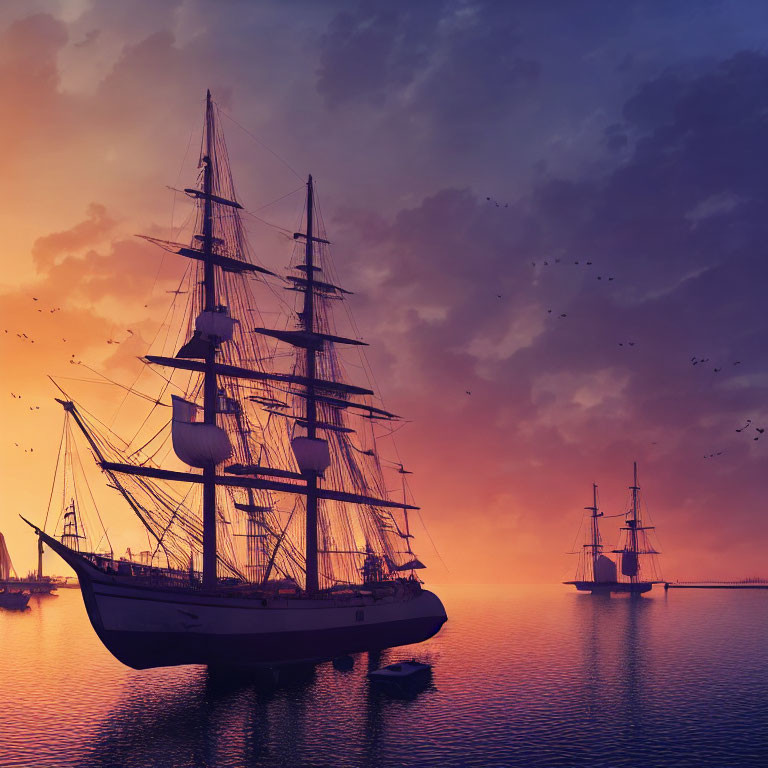 Tall ships with unfurled sails on calm sea at vibrant sunset.