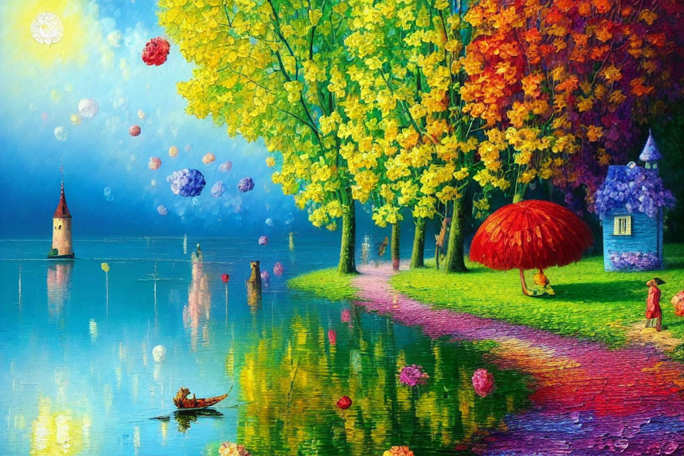 Colorful Landscape Painting with Autumn Trees, Lake, Rowboat, Tower, and Child with Umbrella