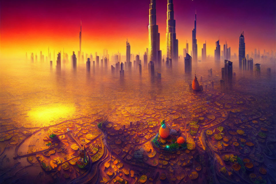 Fantastical cityscape with towering skyscrapers and colorful landscape