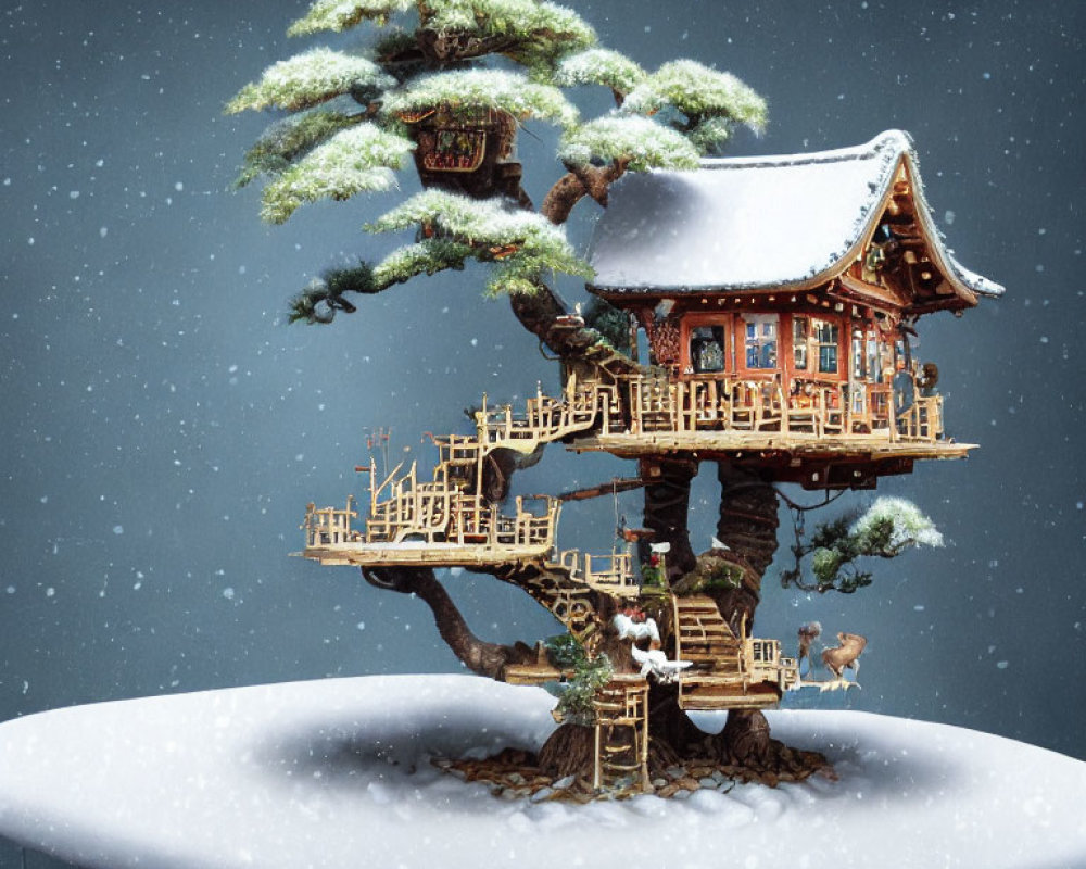 Miniature Snow-Covered Treehouse with Reindeer on Snowy Platform