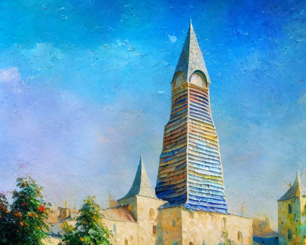 Multicolored Tower with Spire in Fairytale Setting against Blue Sky