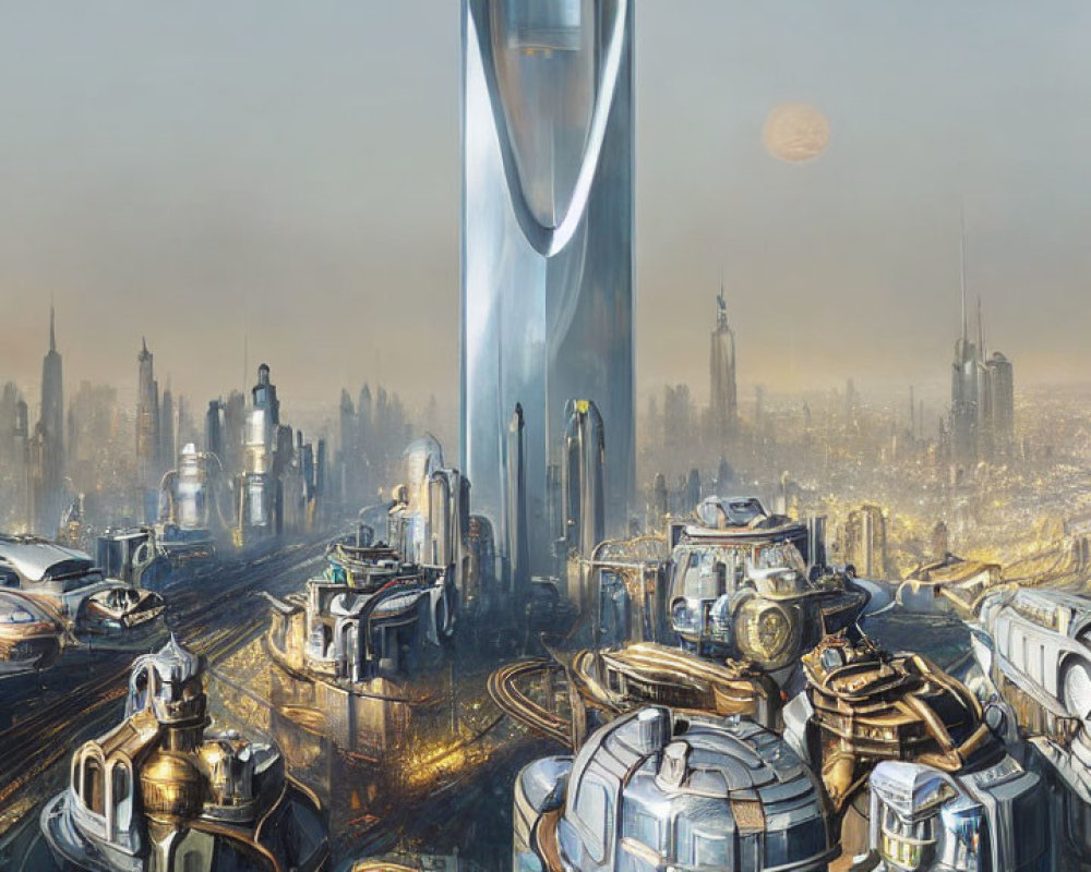 Futuristic cityscape with towering skyscrapers and advanced transit systems