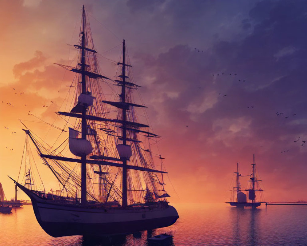 Tall ships with unfurled sails on calm sea at vibrant sunset.