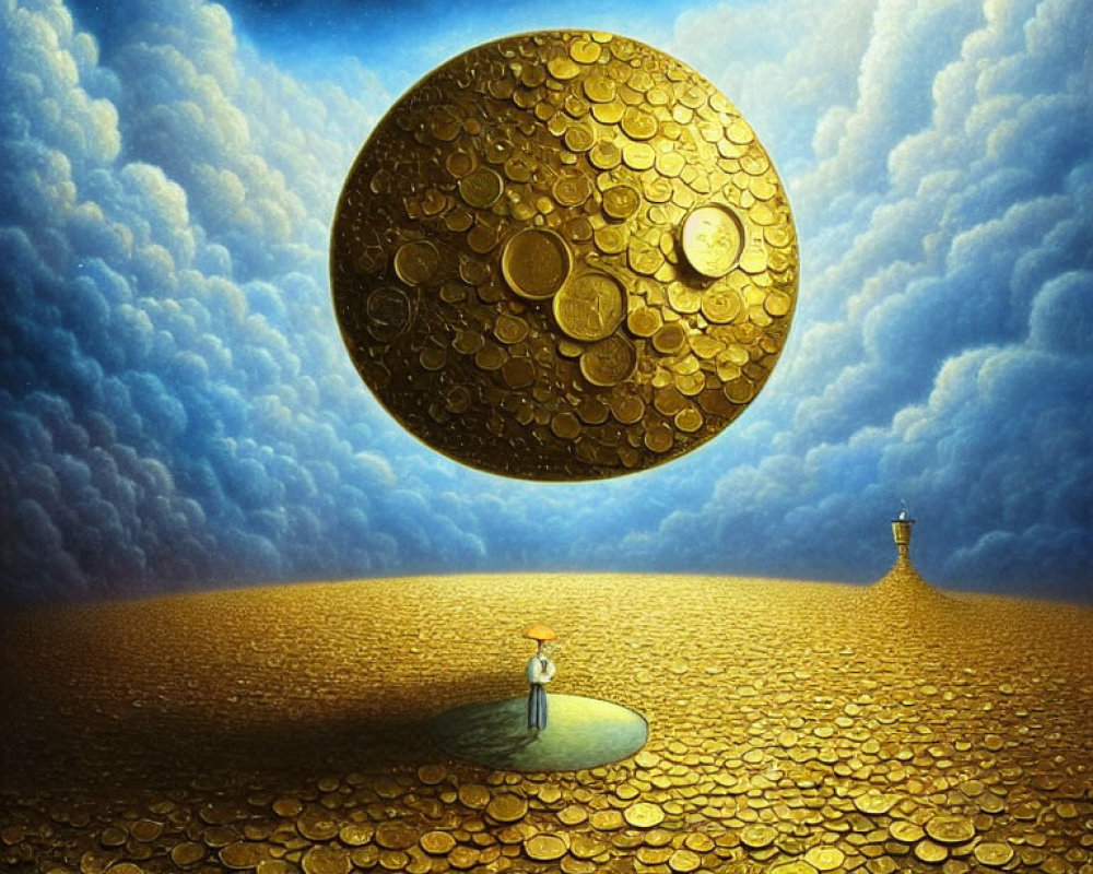 Surreal landscape featuring person under gold coin moon