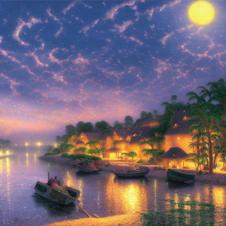 Picturesque riverside village at dusk with illuminated cottages, boats, full moon, and starry