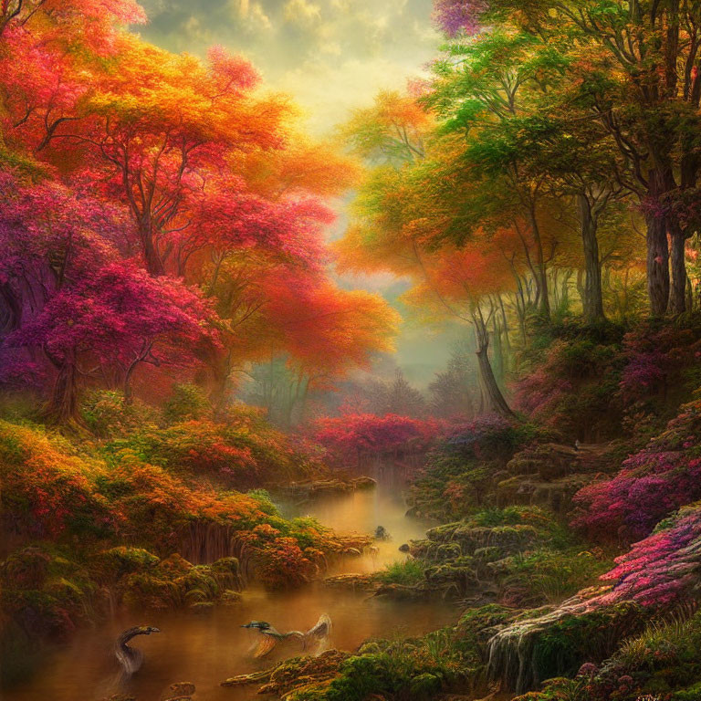 Tranquil forest landscape with colorful foliage, misty stream, waterfalls, and ducks.
