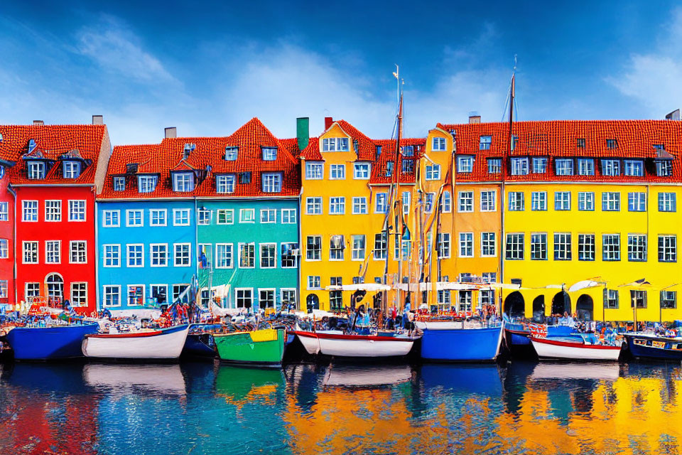 Vibrant canal scene with colorful buildings and moored boats