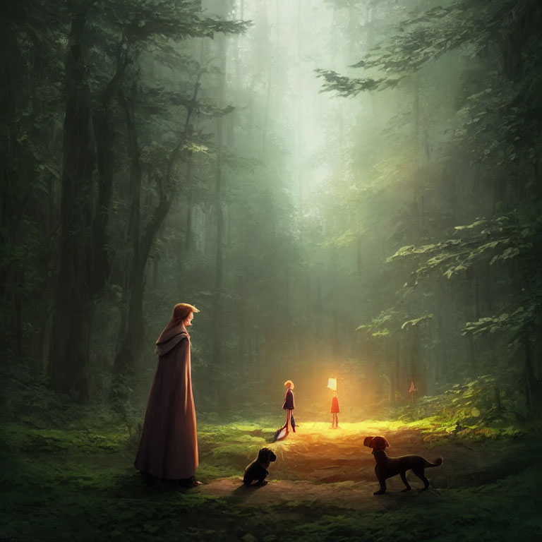 Cloaked Figure with Dogs Watching Children in Mystical Forest