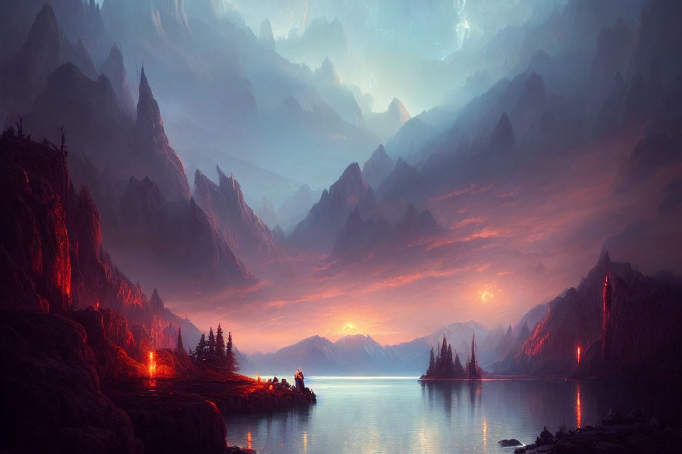 Glowing sunset over mountains and calm lake in serene fantasy landscape